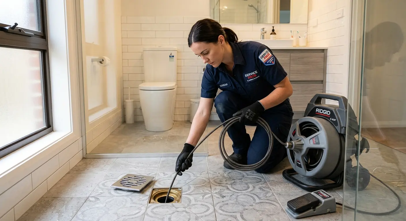 Technician clearing a bathroom floor drain for Sewer Line Installation in Murfreesboro
